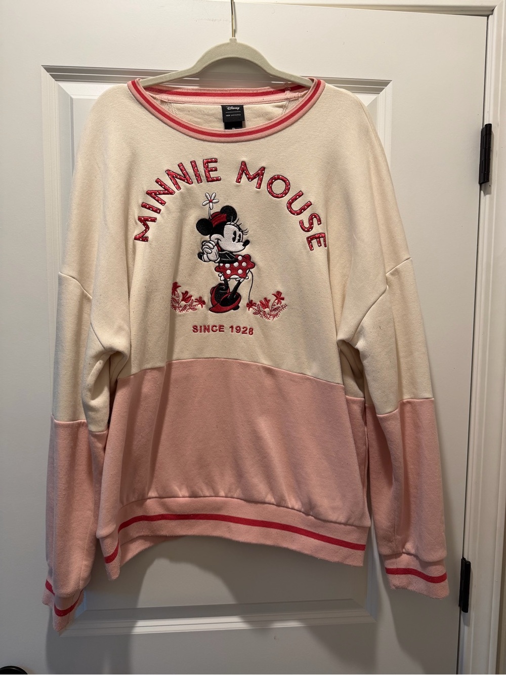 Disney Minnie Mouse Two-Tone Crewneck Sweater in Cream and Pink